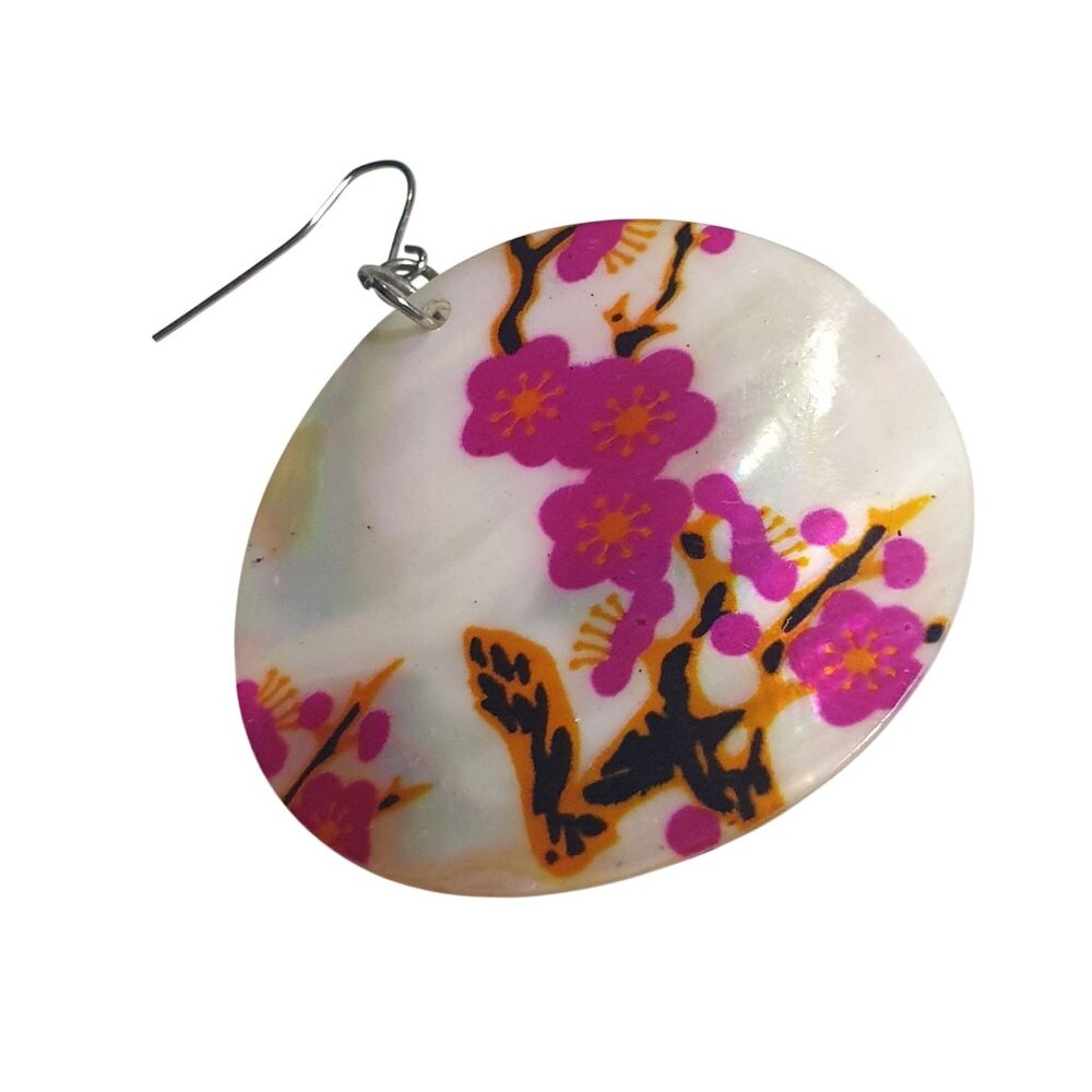 Large Round Mother Of Pearl Dangle Earrings Pink Floral Print Fishhook Boho - Picture 2 of 7